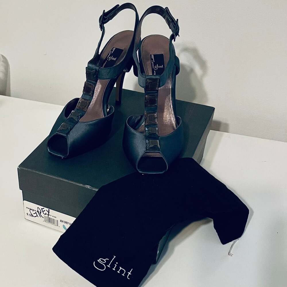 Glint‎ Madora Ash Grey Satin Jeweled T-Strap Peep Toe Heels